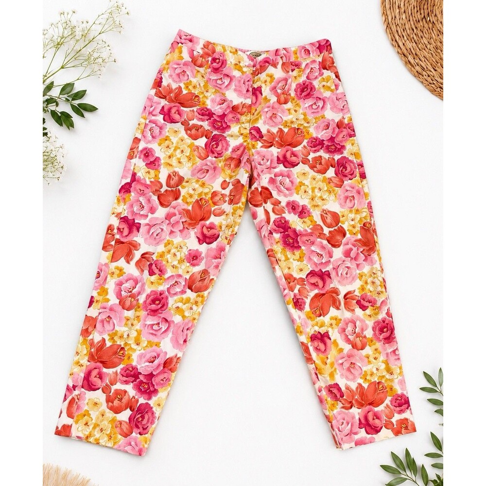 Talbots Women’s Petites Floral Pink Orange Yellow Straight Leg Flat Front Pants